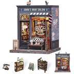 Book Nook Kit - DIY Adult Miniature Dollhouse, Hair Salon Themed, 3D Wooden Puzzle Bookend, Bookshelf Decor Gift for Family and Friends (John's Hair Salon) - style: John's Hair Salon