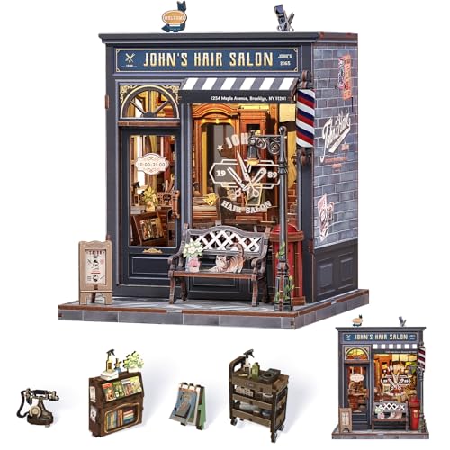 Book Nook Kit - DIY Adult Miniature Dollhouse, Hair Salon Themed, 3D Wooden Puzzle Bookend, Bookshelf Decor Gift for Family and Friends (John's Hair Salon) - style: John's Hair Salon