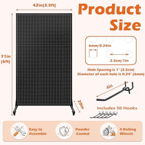Royxen 3.5 x 6 Feet Metal Pegboard with 50 Hooks, Peg Board Display Stand with Wheels, Large Standing Pegboard Displaywith T-Base Art Display Stand for Retail Stores Exhibitions Homes (Black) - color: Black