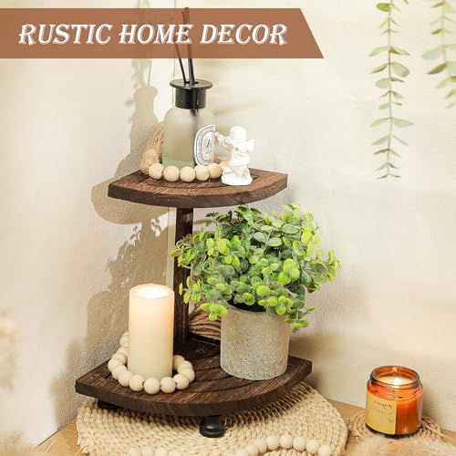 Tikea Decorative Wood Riser for Display, 2-Tier Rustic Corner Shelf for Kitchen Bathroom Counter Decor, Farmhouse Riser for Soap Dispenser and Plant (Brown)