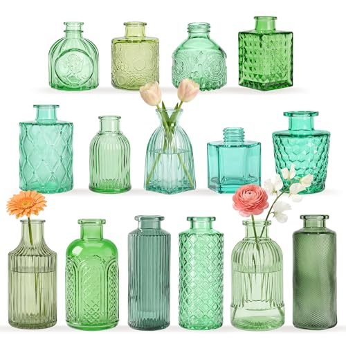 15 Pcs Colored Bud Vase Set,Glass Vases for Flower Centerpieces Wedding & Party Decor,Home Table Decorations,Bud Vases in Bulk for Housewarming (15, Green) - color: Green