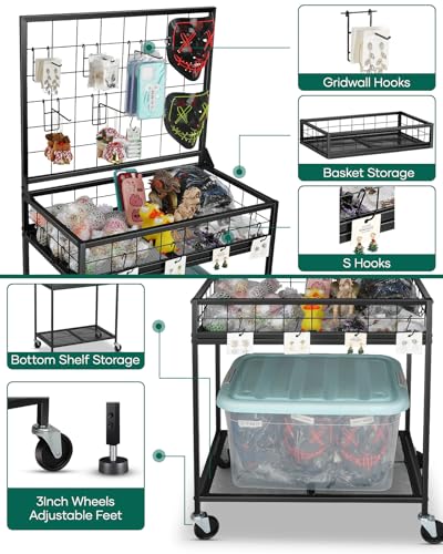 AHOWPD Grid Wall Panels Display Cart - Rolling Heavy Duty Metal Wire Grid Wall Display Stand Rack with 10 Hooks & 10 S Hooks for Craft Shows, Retail Art Fair and Flea Market (Black Cart, 1 pc) - color: Black Cart