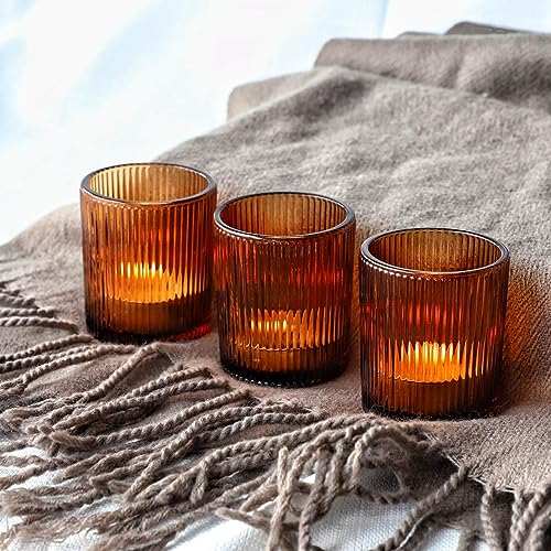 VOHO Amber Candle Holders for Votive Candles/Tea Lights Candles, Ribbed Votive Candle Holders for Table Centerpiece, 12pcs Tealight Candle Holder Decor for Thanksgiving & Christmas - color: Brown