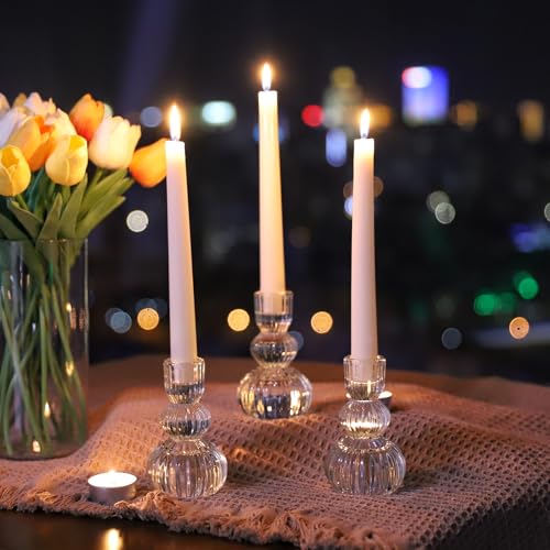 Woho Clear Taper Candle Holders 4.3" H Set of 3 for Wedding Table, Ribbed Glass Candlestick Holders for Daily Home Decor, Vintage Candle Sticks Holder Decor for Thanksgiving Christmas - color: Clear