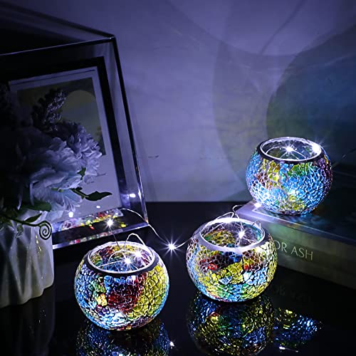 OwnMy Set of 3 Colorful Mosaic Glass Tea Light Holders Round Bowl Votive Candle Holders Pillar Candle Stands, Glass Mosaic Tealight Holders Potted Plant Bowl Vase Candle Centerpiece for Table Wedding - color: Rainbow