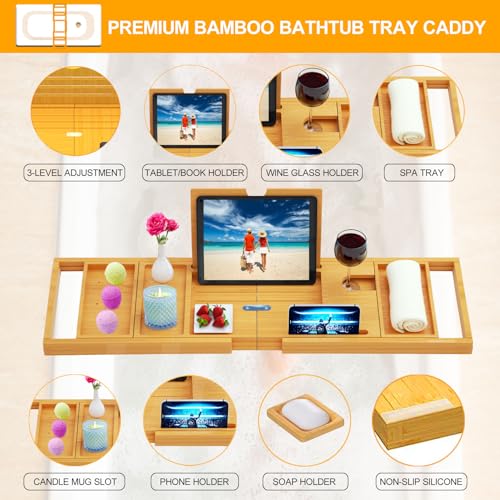 Premium Bathtub Tray Caddy - Bath Tray Bamboo Expandable - Bath Tub Tray Table for Bathtub - Expandable Size, Fits Most Bath Tubs - Natural Bamboo Wood - color: Natural