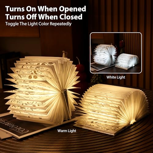 Floral Print Book Light,3-Color Book Lamp Book Lovers Gifts | 1200mAh Portable Foldable Paper Desk Lamp | Night Reading Bookshelf Lamp,Valentine Ambient Lighting Decorations Gifts(White Silver) - color: White