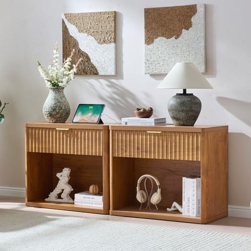 LEYAOYAO 31" Wide Fluted Nightstand with Charging Station, Oversized Extra Large 1 Drawer Night Stand with Golden Handle, Brown Wood Bedside Table Tall End Tables,for Bedroom, Living Room, Hallway - color: Brown, size: 1 Drawers