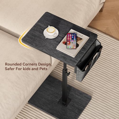 Vagusicc Sofa Armrest Tray Table for Couch, 360° Swivel Height Adjustable TV Tray Table for Small Spaces, Snack Side Table for Couch, Bed, Chair, C Shaped End Side Table for Eating, Reading, Laptop - color: Gray Walnut, style: With Storage Bag