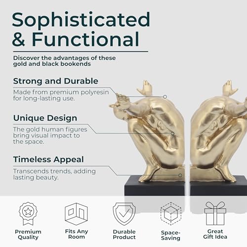 Resin Book Ends Decorative Bookends – Book Holder for Shelf Decor and Office Decor, Office Shelf Decor and Book Lovers Gifts, Art-Inspired Sculpture Home Decor Accent – 11", Gold & Black