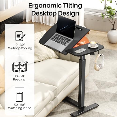 Overbed Bedside Table with Wheels,Tiltable Hospital Bed Table, Pneumatic Adjustable Overbed Table, Rolling Laptop Desk, Mobile Standing Desk for Bed, Couch, or Hospital Use - color: Black