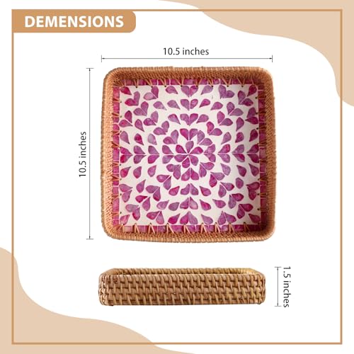 1 pcs Rectangle Rattan Serving Tray with Mother of Pearl Inlay, Decorative Wicker Tray for Coffee, Bread, Fruits, Elegant Table Decor for Living Room & Dining Room - color: Purple-purple Petal