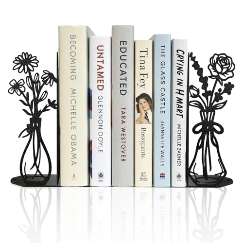 Flower Metal Bookends Decorative Book Ends for Shelves, Cute Book Ends for Home Office Decor Decorative Flower Vase Book Ends for Heavy Books, Book Stopper Ideal Gift for Mother's Day - color: Black Flower