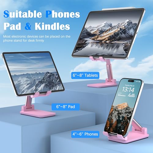 Cell Phone Stand, Adjustable Angle and Height Cell Phone Holder for Desk, Foldable and Portable, Anti-Slip Silicone Pad, Compatible with All Mobile Phones and 4-8 Inch Devices, Pink - color: Pink