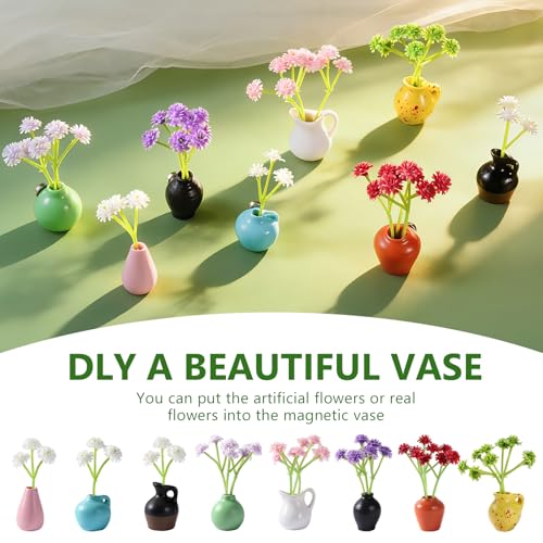 8 Pcs Cute Fridge Magnets Mini Vase Magnets for Fridge with Artificial Flowers, Tiny Ceramic Vase Refrigerator Magnets, Decorative Cute Magnets for Kitchen, Office, Locker, Whiteboard