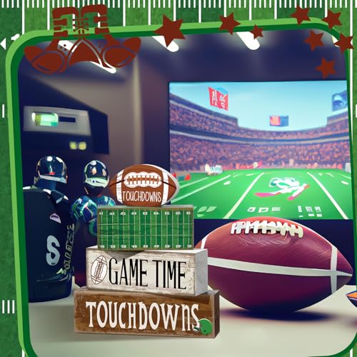 Yuntau 4 Pcs Fall Football Table Decorations Football Tiered Tray Decor Autumn Wooden Blocks Sign Game Time Touchdowns Centerpiece Decorative Faux Book Stack for Coffee Table Fireplace Mantel Shelf - style: Football