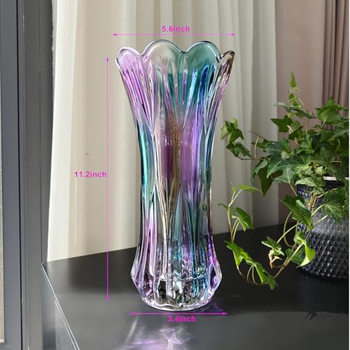 11.2 Inch Glass Vase-Iridescent Purple and Teal Thickened Cylinder Colorful Flower Vase Decor for Home Dining Table Centerpiece Office Wedding Holiday Party - color: Phoenix Tail Pattern-purple and Teal Iridescent, size: Tall