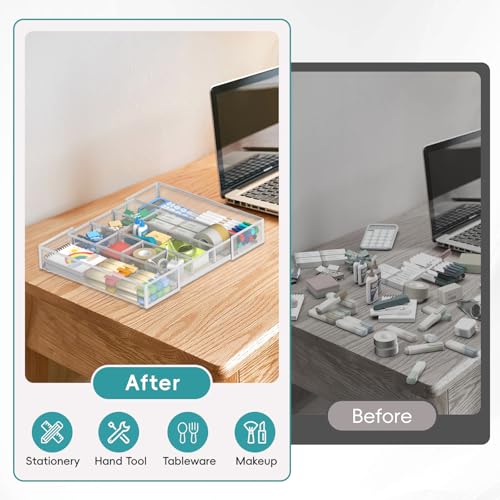Expandable Desk Drawer Organizer Tray with 10 Adjustable Compartments, Metal Mesh Office Drawer Organizer, Versatile Desk Organizer for Home, School Supplies, Makeup Vanity & Jewelry (White) - color: White