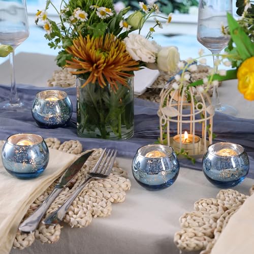 Volens Round Blue Votive Candle Holders Set of 12, Blue Wedding Centerpiece Table Decorations, Mercury Glass Tealight Candle Holder for Bridal Shower, Baby Shower & Home Decor - color: Blue