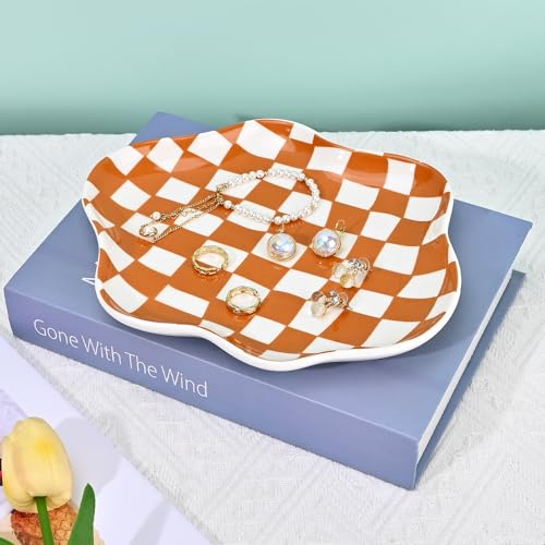 Koythin Jewelry Tray, Ceramic Jewelry Dish Trinket Tray Organizer, Checkered Pattern Aesthetic Decorative for Kitchen, Bathroom, Birthday Gift (Brown Plaid) - color: Brown Plaid