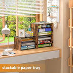 3-Tier Paper Letter Tray, Wooden Desk File Organizer, Stackable Metal Mesh Desk Organizer for Office Supplies. Small Paper Trays for Home Office School, Rustic Brown