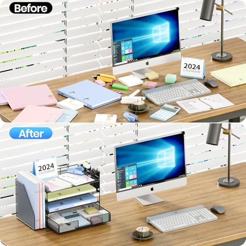 OPNICE Desk Organizer, 4-Tier Desktop File Organizer with Drawer and 2 Pen Holders, Office Desk Accessories, File Sorters, Workspace Organizers for Office Supplies(Black-2pack) - color: Black, size: 4-Tier 2 Pack