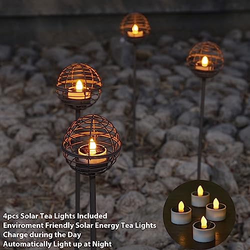 Solar Pathway Lights Outdoor, Rust Iron Ball Candle Holder Stake with Flickering Solar Powered Tea Lights, Perfect Decorative Garden Lighting for Yard Lawn Patio Landscape Decor Outside-4Pack - style: 4PK Stake Lights