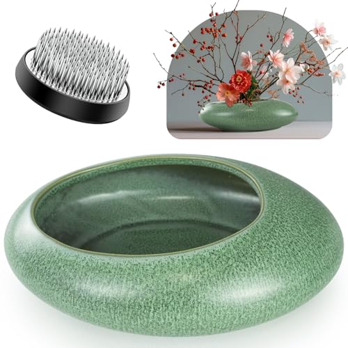 Flower Frog Vase Kit, Ikebana Arrangement Ceramic Bowl Flower Frog Water Drop Flower Pot Flower Arrangement Vase Kit (Green Large Size) - color: Green Large Size