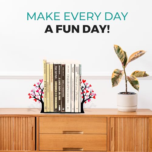 Tree Bookends with Heart-Shaped Leaves - Steel with Epoxy Coating and Wood Base - Decorative Pair of Book Holders for Shelves and Desk - Black with Red and Pink Accents – Geguton - color: Flower-heart Tree - Colorful