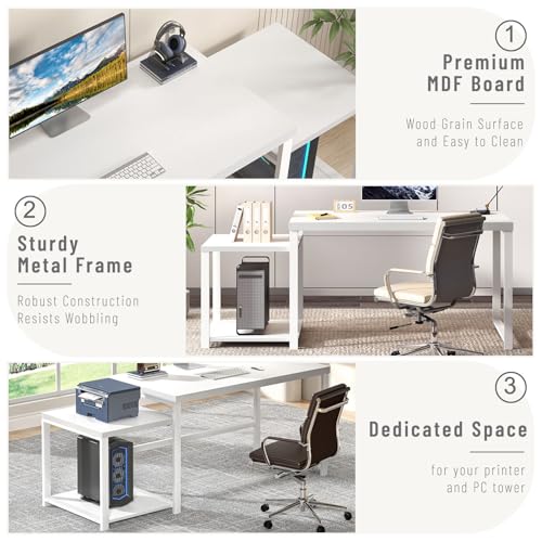 FOLUBAN Large White Computer Desk, Home Office Desk with Printer Space & PC Tower Stand, Modern Study Writing Table Workstation for Living Room Bedroom, 63 Inch - color: White