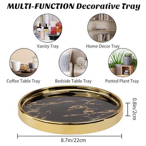 Small Round Black Decorative Tray – Marble Look Jewelry Dish, Perfume Organizer, Makeup Vanity Tray for Dresser, Counter, or Bedroom - color: Black, size: 8.6"