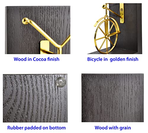 Spiretro Bicycle Bookend Supports, Decorative Book Stoppers with Non-Skid Bottom, Handcrafted Distressed Wood & Metal Book Stand, Display for Bookshelf Office Desktop, 1-Pair, Golden & Brown