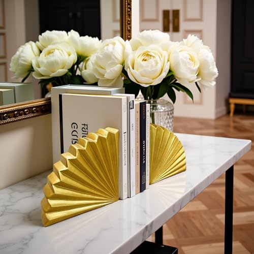 Golden Fan Book Ends Decorative Bookends for Shelves, Elegant Fan Bookends for Bookshelf Decor, Decorative Book Stoppers for Home Office - color: Geometric Fan - Gold