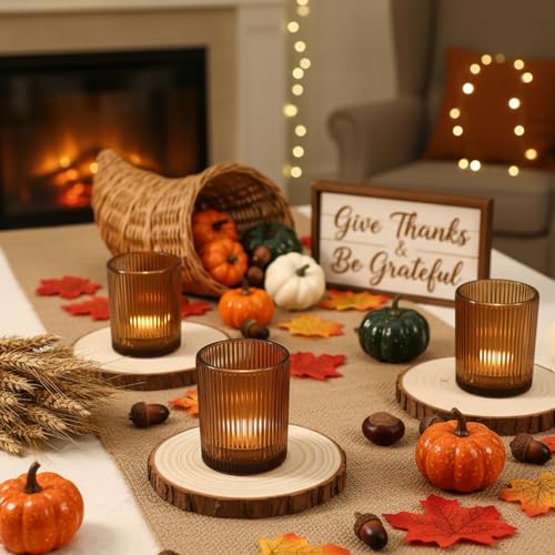 24 Pack Amber Votive Candle Holders Thanksgiving Decor, Glass Small Tea Lights Candle Holders for Table Centerpiece for Home Decor Party Fall Boho Decor(24,Amber) - color: Amber