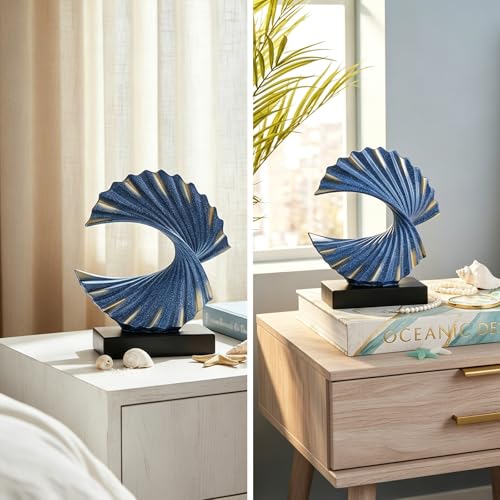 Blue Gold Wave Sculpture, Modern Ocean Wave Home Accents, Resin Art Statue for Shelf, Coffee Table, TV Stand Adornos Modernos - color: Blue
