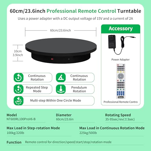 Remote-Controlled Motorized Turntable,Heavy Duty Motorized Rotating Display Stand,Speed-Adjustable Rotating Platform,Multi-Mode 360° Photography Turntable for 3D Scan,Photography(23.6in/Black) - size: 23.64inch/Black/500Lbs Load