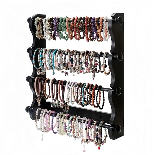 4-Tier Wooden Bracelet Holder Wall-Mounted – Black Jewelry Display Stand for Bracelets, Bangles, Watches– Rustic Wall Jewelry Organizer for Home, Store, or Craft Show – Bracelet Display Rack - style: Wall-Mounted–Black