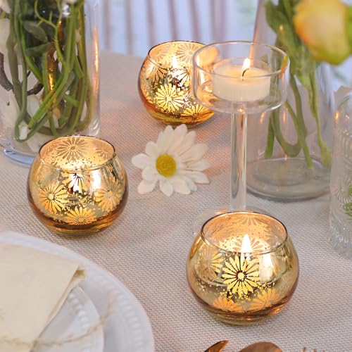 Gold Mercury Glass Votive Candle Holders Set of 12, Round Tealight Candle Holders Bulk for Table Centerpieces, Weddings, Shower Gifts, Christmas, Halloween Party Decorations - color: Gold