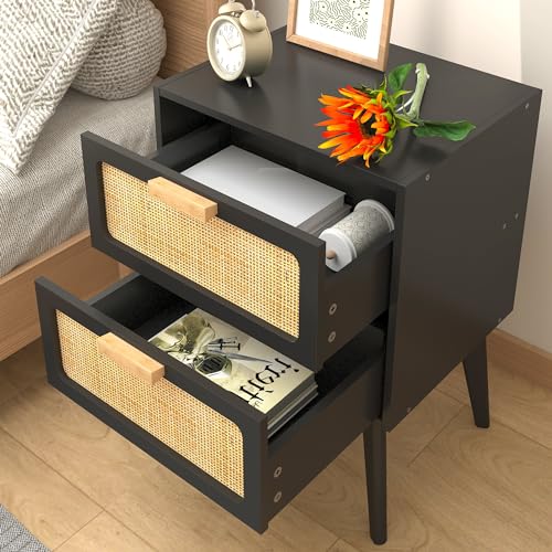 YAUKOMEL Black Nightstand, Wood End Table, Side Table with 2 Hand Made Rattan Decorated Drawers,Boho Bedside Table,Wood Accent Table with Storage for Livingroom, Bedroom, Black CTG59B - color: Black, style: Rattan Style