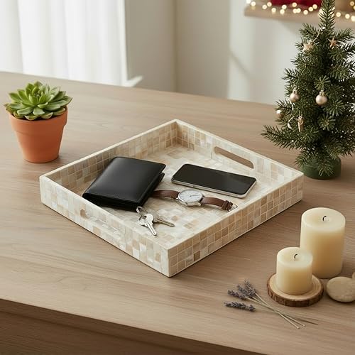PEMAR Handcrafted Mother of Pearl Decorative Tray with Handles - 12" Square Mosaic Inlay Organizer for Coffee Table, Ottoman, Vanity & Bathroom - Luxury Coastal Home Decor (White Cream Squares)