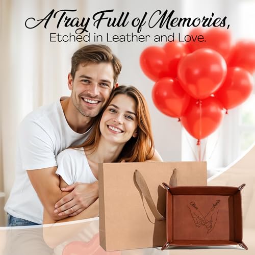 Engraved Leather Tray with Custom Name, Personalized Anniversary Idea for Him and Her, Jewelry Organizer Tray for Dresser, Desk, Nightstand, Office Keepsake Box for Men, Husband - style: Anniversary