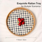 Round Rattan Tray with Mother of Pearl Inlay, Rattan Serving Tray for Coffee, Bread, Fruits, Decorative Wicker Tray for Table Decor, Home Decor, Kitchen Island Decor(Black Checkerboard, 11.8")