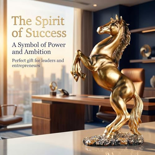 Golden Rearing Horse Statue for Home Decor - 12.2" Antique Gold Resin Stallion Sculpture - Lucky Feng Shui Figurine for Office Desk, Bookshelf & Business Gifts (Symbol of Success) - color: Golden