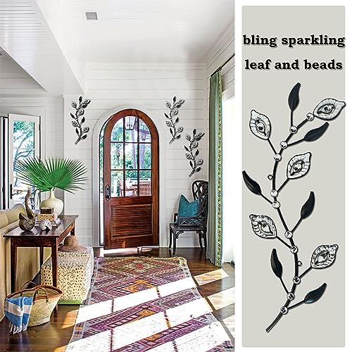 Cityelf 3 Set Crystal Leaf Wall Art Sculpture Iron Tree Leaves Branch Hanging Wall Décor Jeweled Bling Home Deor Acrylic Diamond Accent … - color: blact set 3