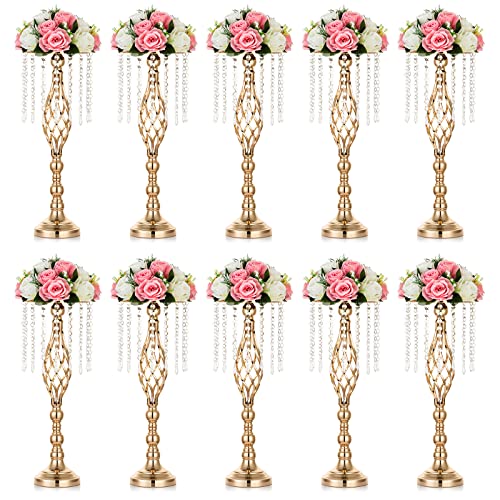 Nuptio 10 Pcs Crystal Flower Stand Wedding Centerpieces for Tables, 21.7in/55cm Tall Elegant Metal Flower Arrangement Stand, Tabletop Metal Flower Vase for Wedding Party Dinner Event Hotel Home Decor - color: Gold, size: Large - 10 Pcs