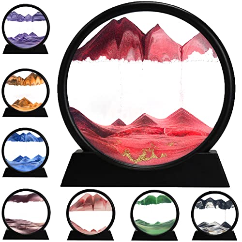 rysnwsu 3D Dynamic Sand Art Liquid Motion, Moving Sand Art Picture Round Glass 3D Deep Sea Sandscape in Motion Display Flowing Sand Painting Relaxing Desk Toys (Red, 12'') - color: Red, size: 12''