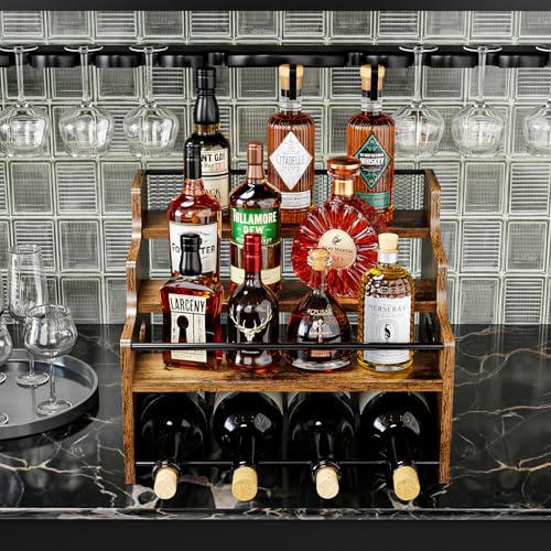 KLM 4-Tier Wood Display Shelf, Black Modern Bottle Organizer, Countertop Bar Stand for Liquor, Coffee Syrup, (Brown) - color: Brown
