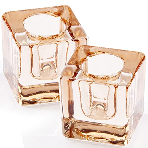 2PCS Amber Square Glass Taper Candle Holders for Table Centerpiece. Decorative Crystal Candle Stick Holder Sets. Candle Stand for Wedding, Dinning, Party. - color: Amber 2pcs