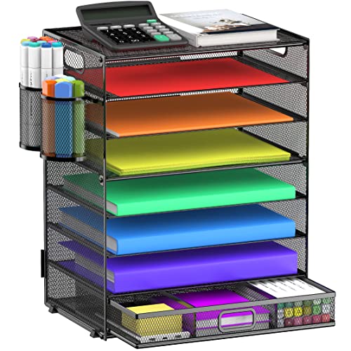 8 Tier Paper Letter Tray Organizer with Handles, Mesh Desk File Holder Storage Organization for Home School Classroom & Office (Black-with Drawer,Pen Holders) - color: Black-with Drawer,pen Holders