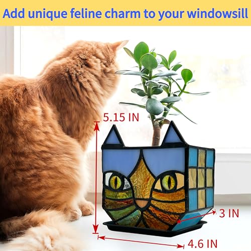 Tiffany Style Stained Glass Cat Flower Pots with Drainage,Funny Blue Cat Planter,Cute Garden Pots,Flower Pots for Indoor Plants,Gifts for Plant Lovers,4.6x3x5.15 in - color: Blue